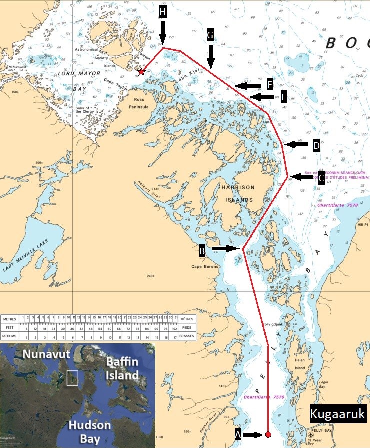 Track of the Akademik Ioffe, from departure off Kugaaruk, Nunavut, to position of grounding (Source: Canadian Hydrographic Service chart 7502 and Google Earth, with TSB annotations)