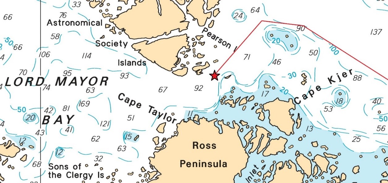 Close view of charted depths in the narrows between the Ross Peninsula and the Pearson and Astronomical Society Islands, showing final track and location of grounding (Source: Canadian Hydrographic Service, with TSB annotations)