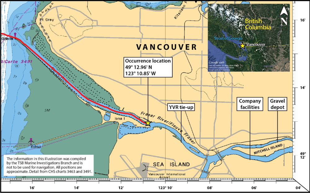Area of the occurrence, with the vessel's track shown in red (Main image source: Canadian Hydrographic Service charts 3463 and 3491, with TSB annotations. Inset image source: Google Earth, with TSB annotations)