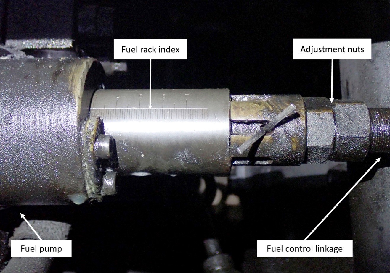 The fuel rack index and manual adjustment nuts of one of the Tecumseh’s fuel injection pumps (Source: TSB)