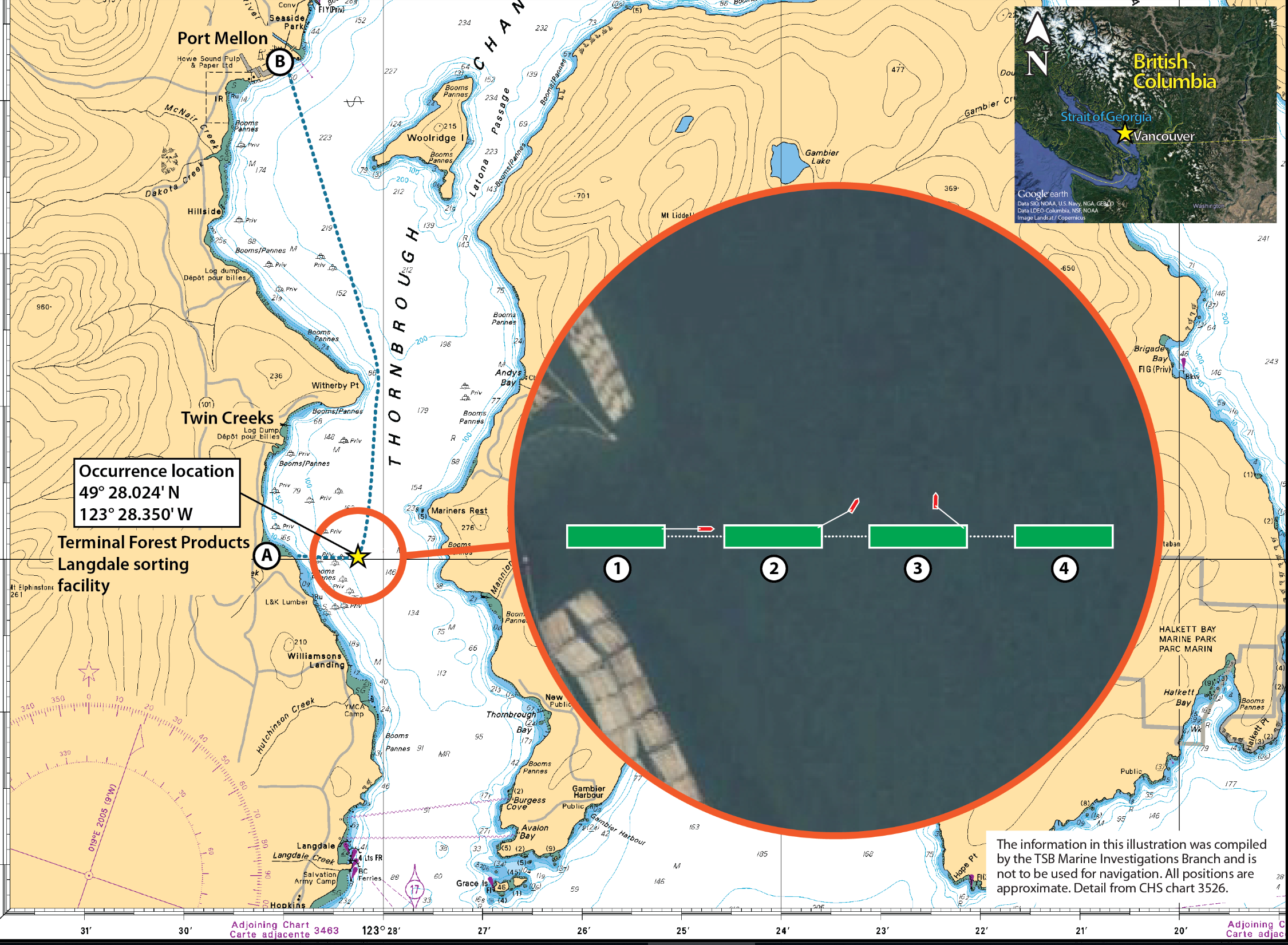 Area of the occurrence (Source: Canadian Hydrographic Service and Google Earth, with TSB annotations)