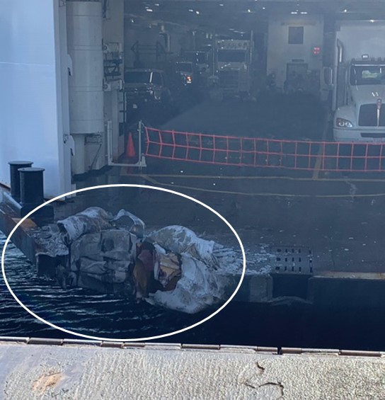 Damage to the vessel (circled) (Source: BC Ferries, with TSB annotations)