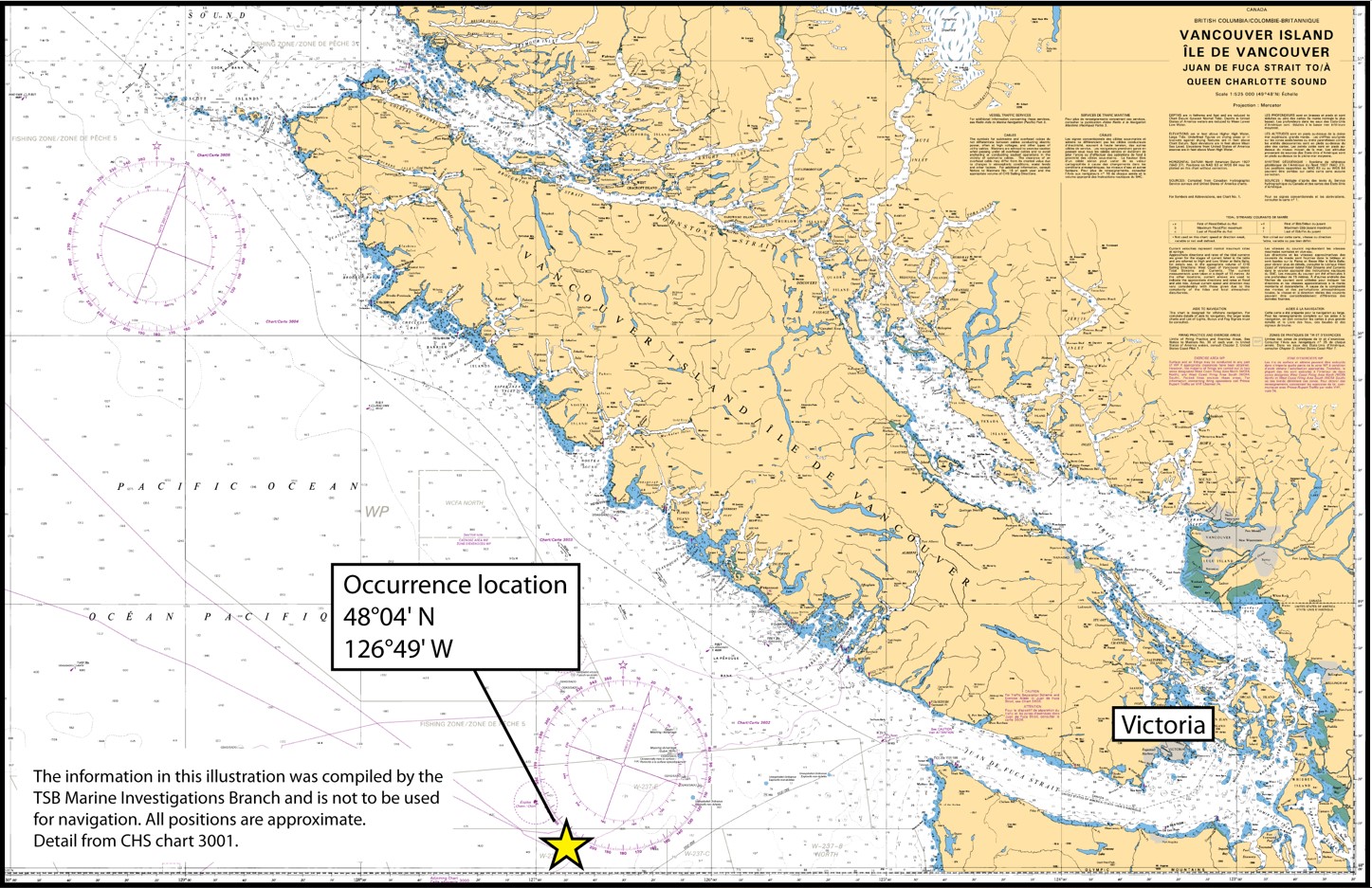 Map of the area of the occurrence (Source: Canadian Hydrographic Service, with TSB annotations)