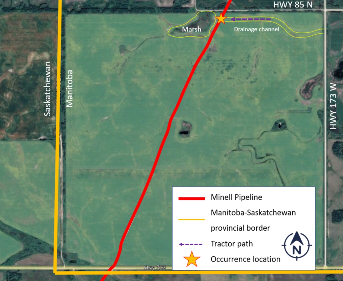 Map showing the landowner’s agricultural field, including the location of the Minell Pipeline, the drainage channel, and the marsh area (Source: Google Earth, with TSB annotations)