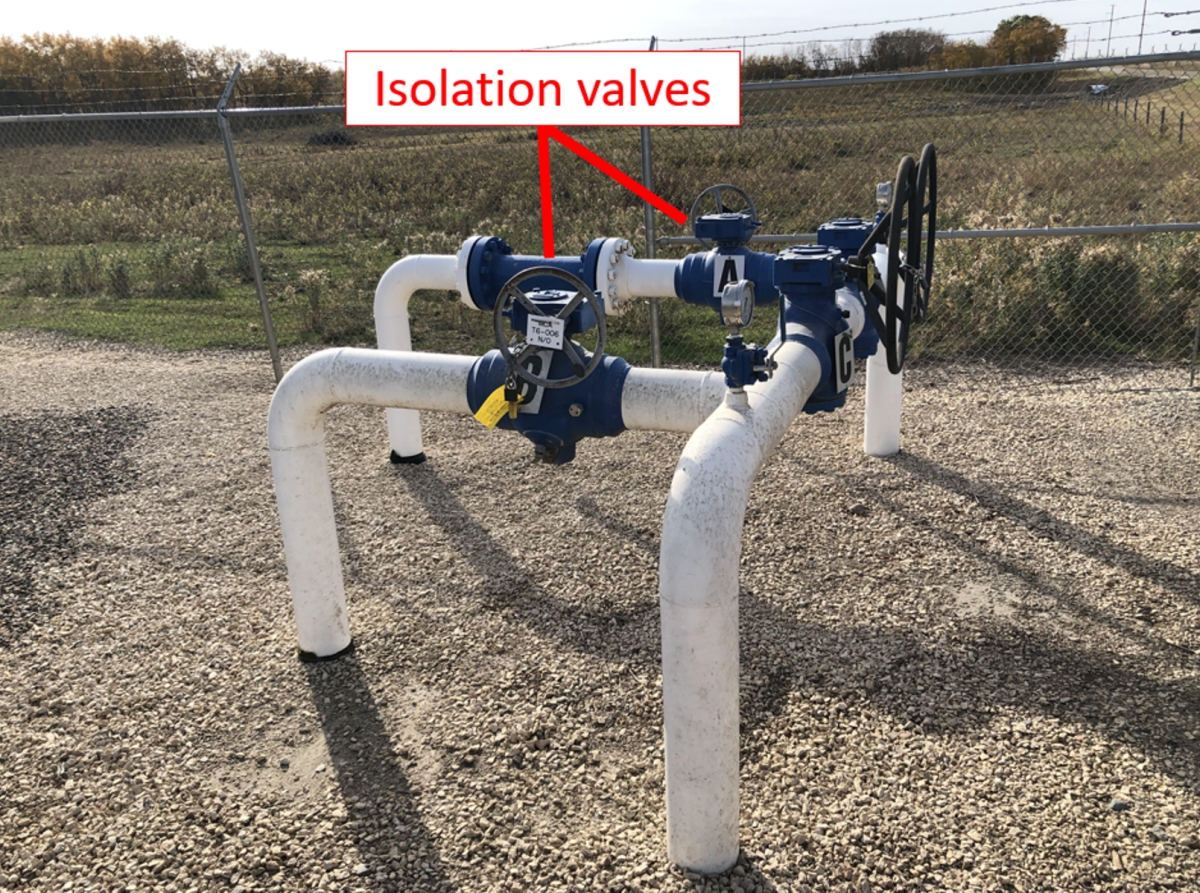 McAuley gate station bypass and isolation valves (Source: Canada Energy Regulator, with TSB annotations)