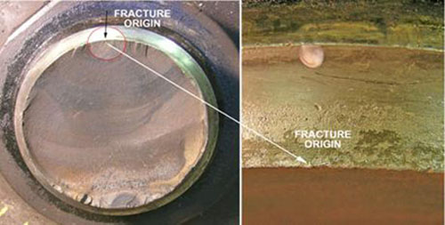 Exposed fracture surface identifying fracture origin and a close-up of corrosion pitting on the fillet radius