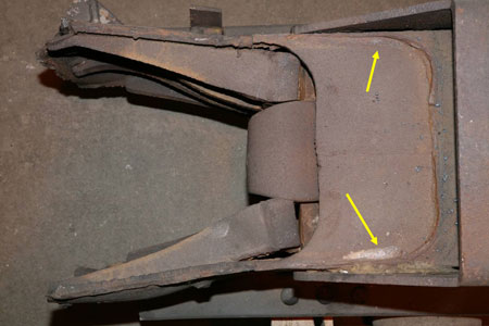 Top of stub sill showing plastic deformation. Head brace-to-sill contact is visible