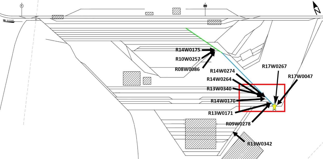 Melville Yard map showing location of previous uncontrolled movements (Source: Canadian Pacific Railway, with TSB annotations)