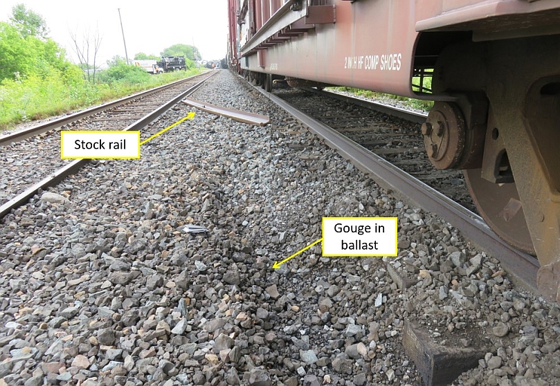 Stock rail near gouge mark in the ballast (Source: TSB)