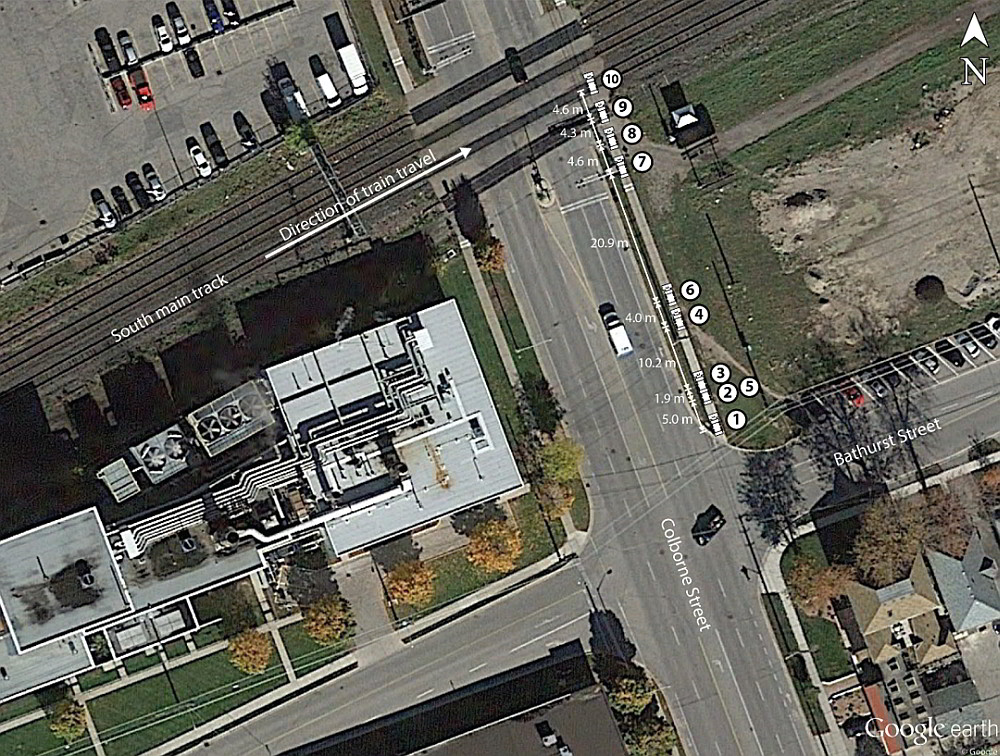   Movement of the snowplow as it approached the Colborne Street  public crossing (Source: Google Earth, with TSB annotations)