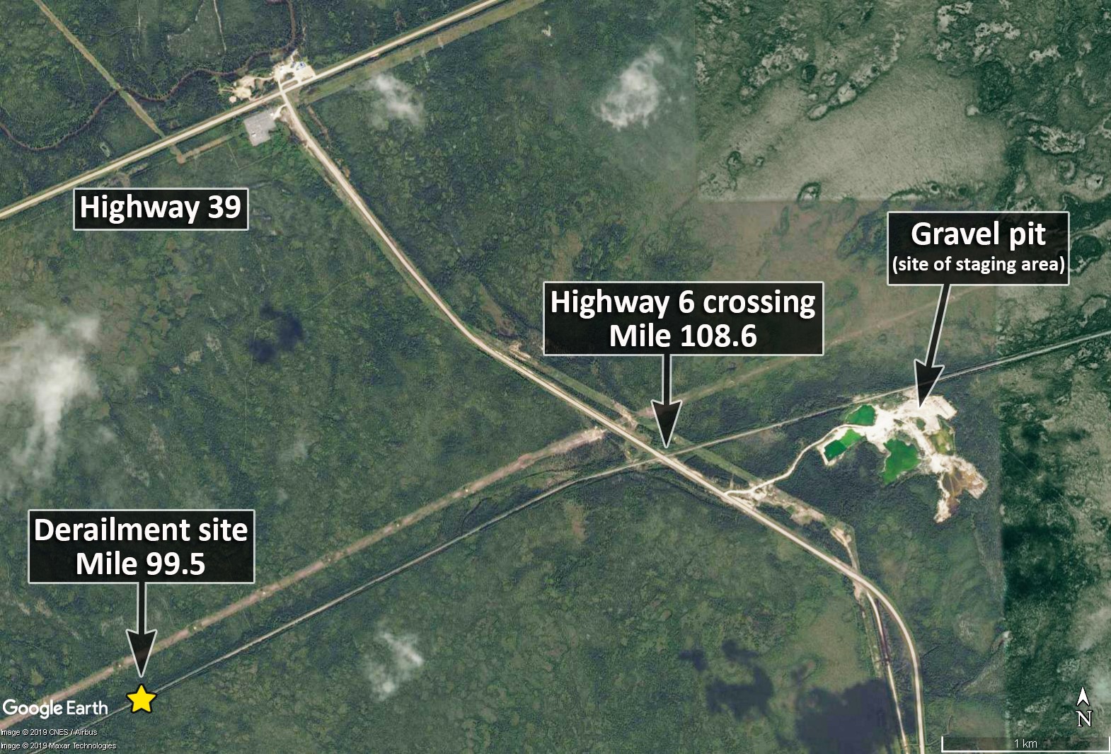 Map of staging area, crossing, and derailment site (Source: Google Earth, with TSB annotations)