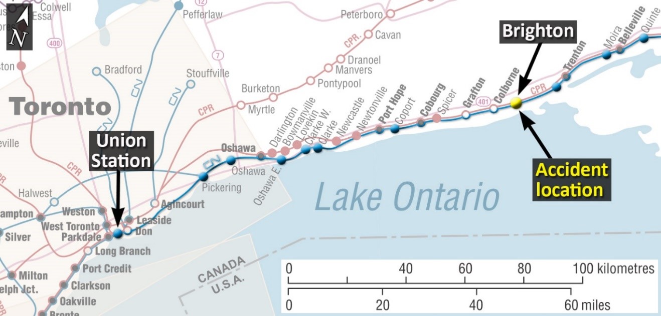 Map showing accident location (Source: Railway Association of Canada, Canadian Rail Atlas, with TSB annotations)