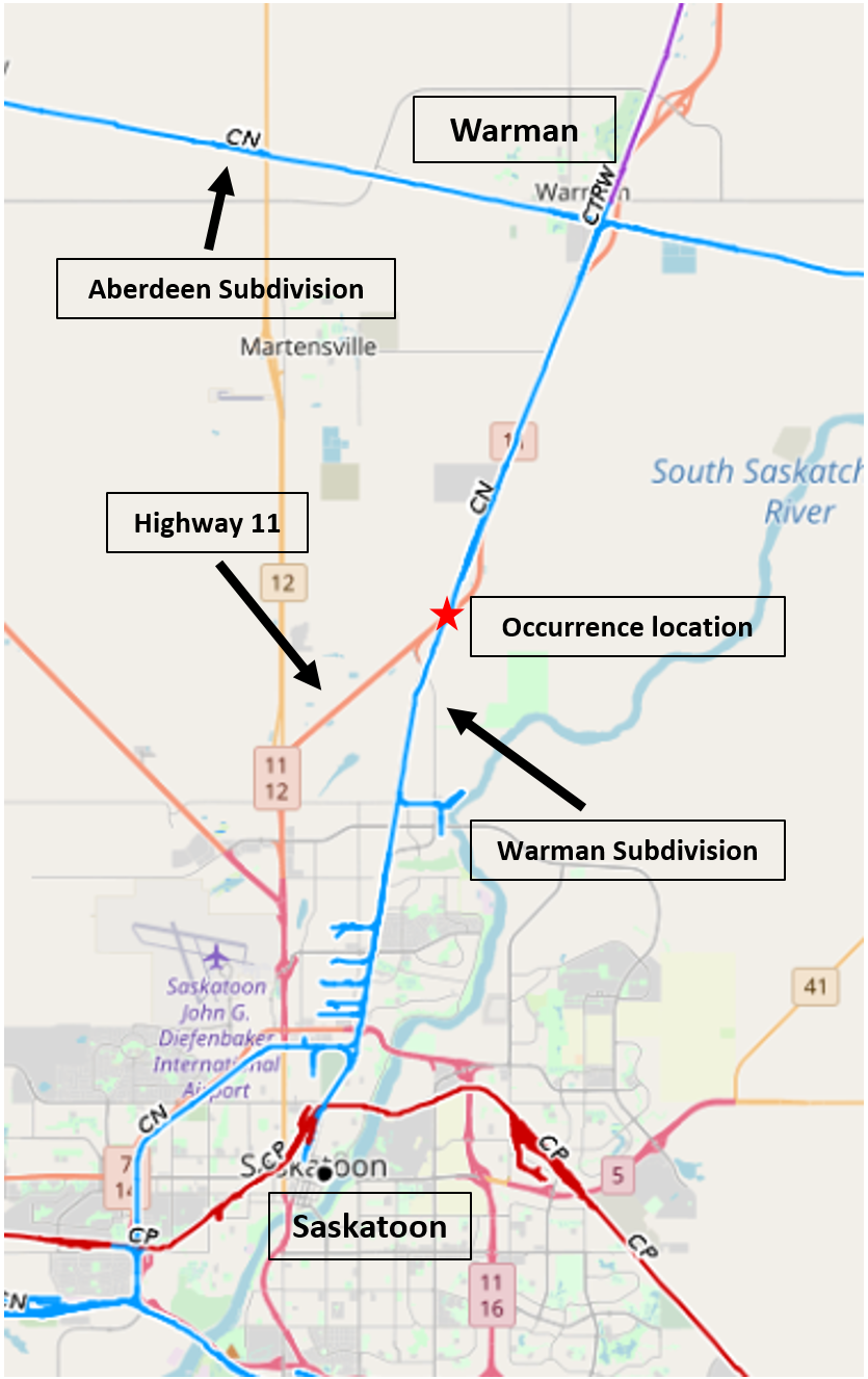 Map of the Warman Subdivision (Source: Railway Association of Canada, Canadian Rail Atlas, with TSB annotations)