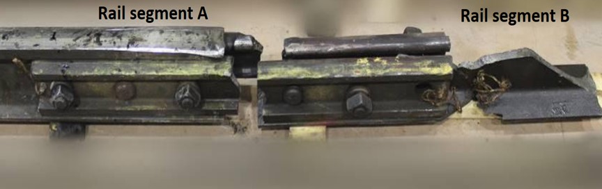 South rail joint 1, field-side view with 132/136 RE standard joint bar. Note yellow paint marking defective joint for repair (Source: TSB)