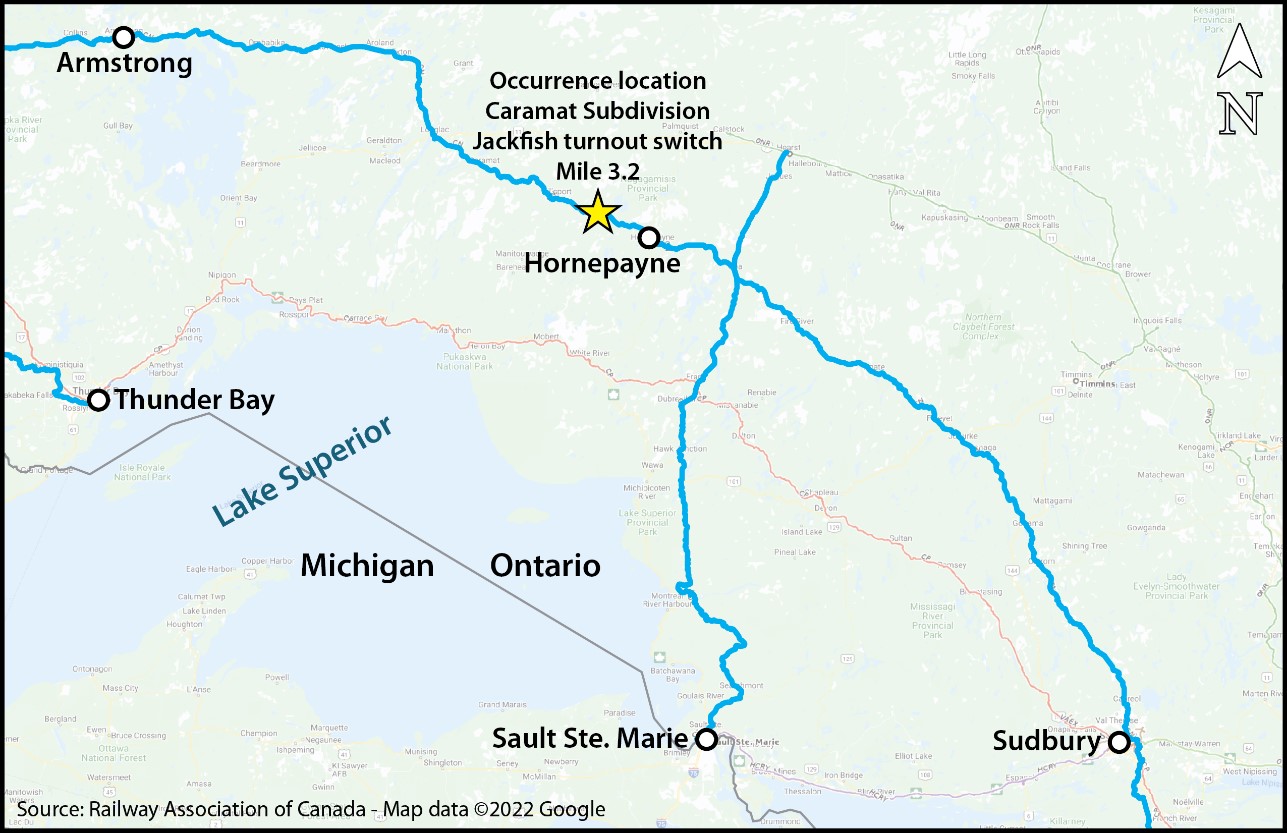 Map showing the occurrence location (Source: Railway Association of Canada, Canadian Rail Atlas)