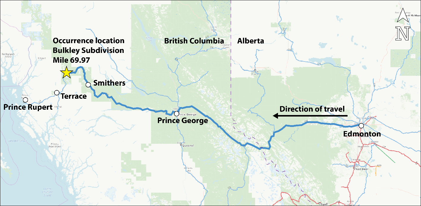 Map of derailment location (Source: Railway Association of Canada, <em>Canadian Rail Atlas</em>, with TSB annotations)
