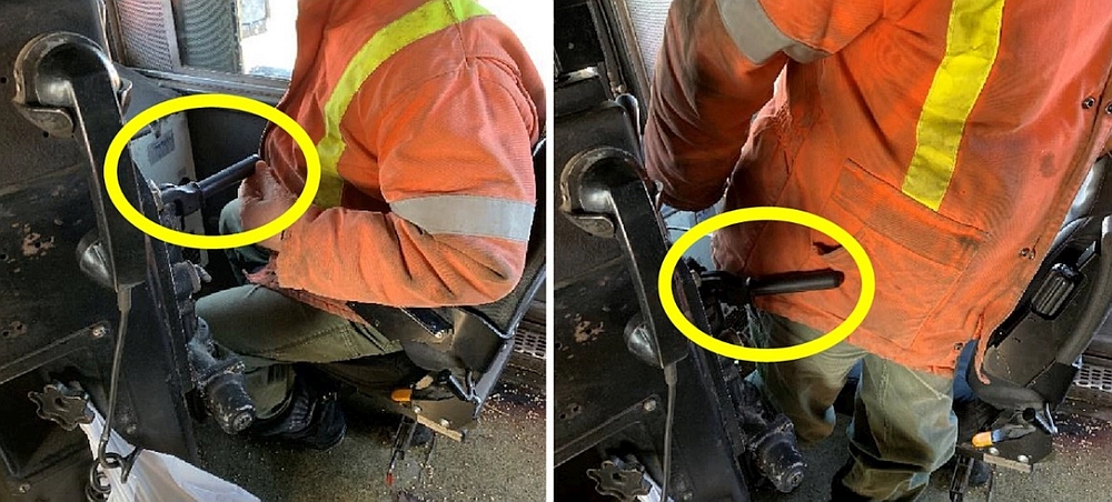 Photos from GEXR re-enactment of the locomotive engineer’s movement in the cab. The left-hand photo shows the air brake applied, and the right-hand photo shows the air brake released. (Source: Goderich Exeter Railway)