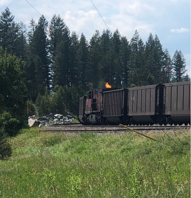 Exhaust stack fire on the mid-train remote locomotive (Source: Elko resident)
