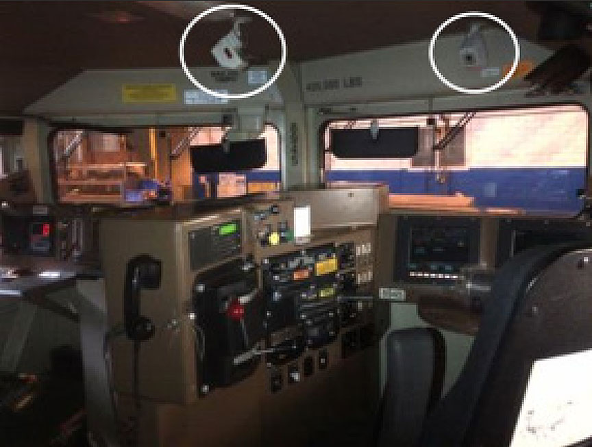 Railway B camera locations on cab ceiling (white circles)