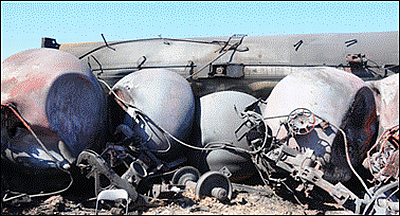 Photo 1. Vulnerability of  general-service Class 111 tanks cars to sustain damage during a railway accident