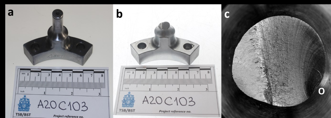 (a) exemplar; (b) blade actuating pin of the No. 2 propeller blade; (c) fracture surface with 'o' indicating the origin of the crack (Source: TSB)