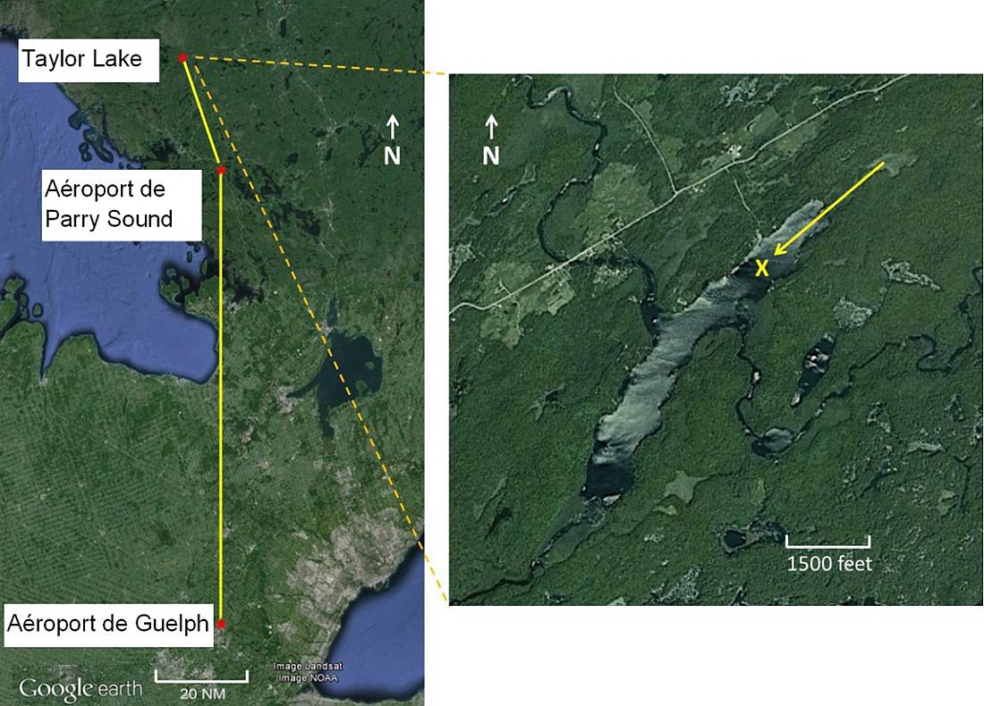 Cartes du lac Taylor, indiquant le trajet, la direction de l'approche et le lieu de l'accident (Source : Google Earth, avec annotations du BST)