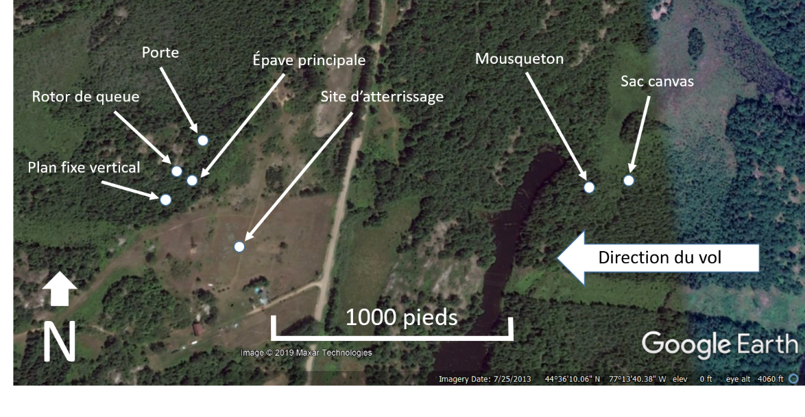 Site de l'écrasement (Source : Google Earth, avec annotations du BST)