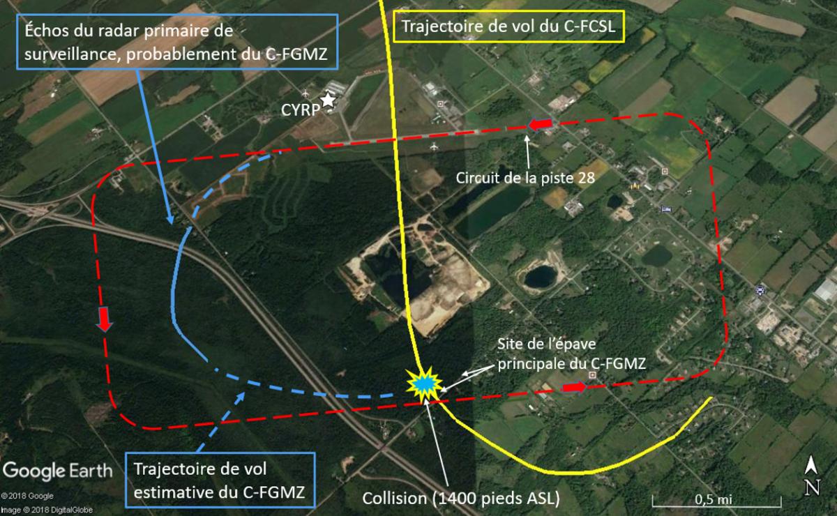  Trajectoires de vol du Piper (C-FCSL) et du Cessna (C-FGMZ). La    section extérieure de l'aile gauche du C-FGMZ a été retrouvée à    635 pieds au sud-ouest du site de l'épave principale. (Source :    Google Earth, avec annotations du BST)