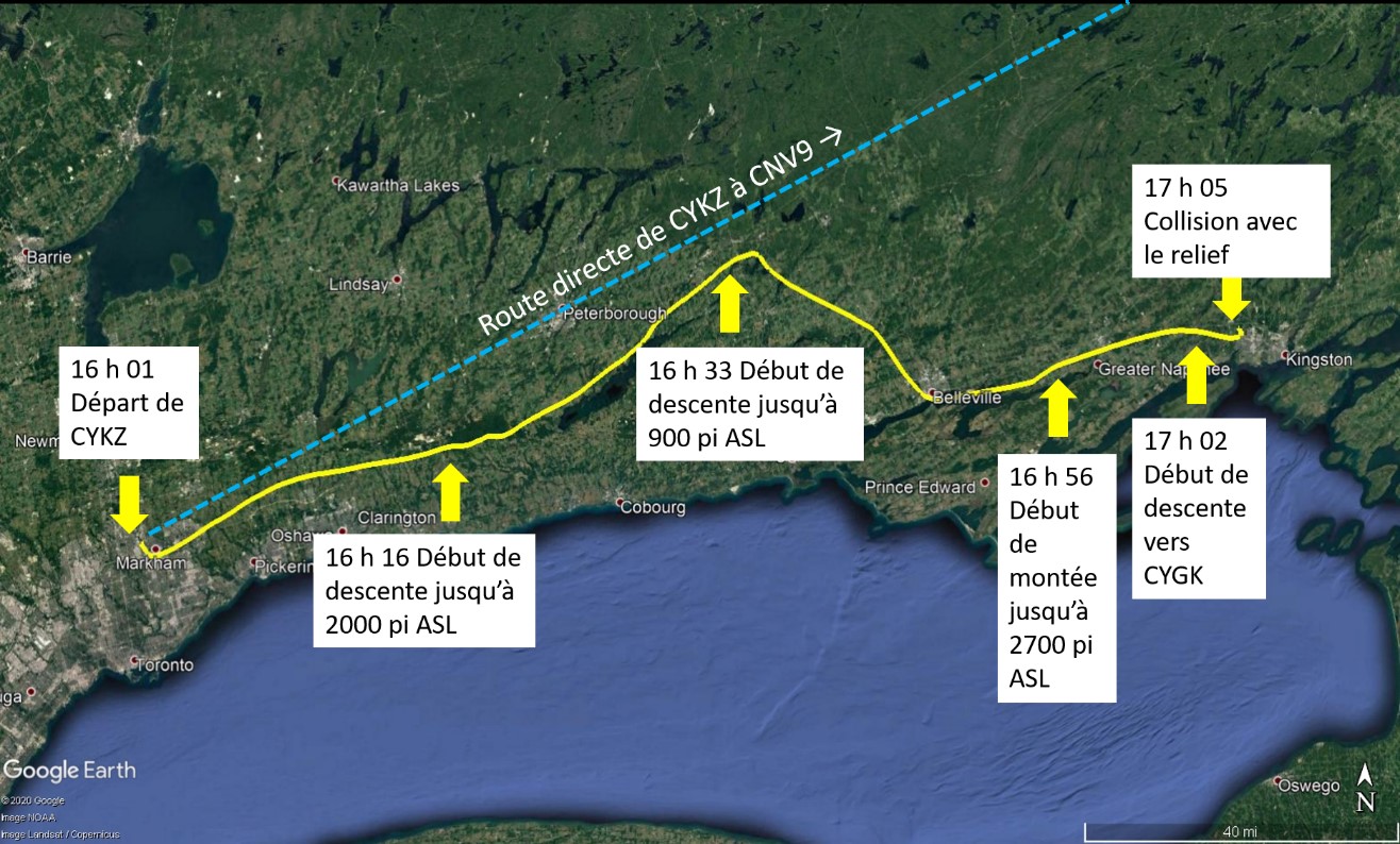 Route de l’aéronef dans l’événement à l’étude, par rapport à la route prévue (Source : Google Earth, avec annotations du BST, en fonction des données extraites du système de positionnement mondial du pilote)