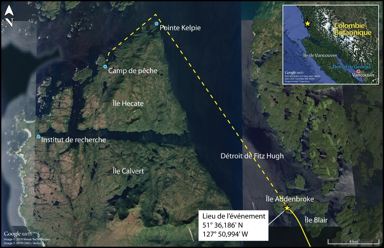 Trajectoire de vol prévue et lieu de l’événement, avec image en médaillon présentant une vue plus large de l’emplacement (Source des deux images : Google Earth, avec annotations du BST)