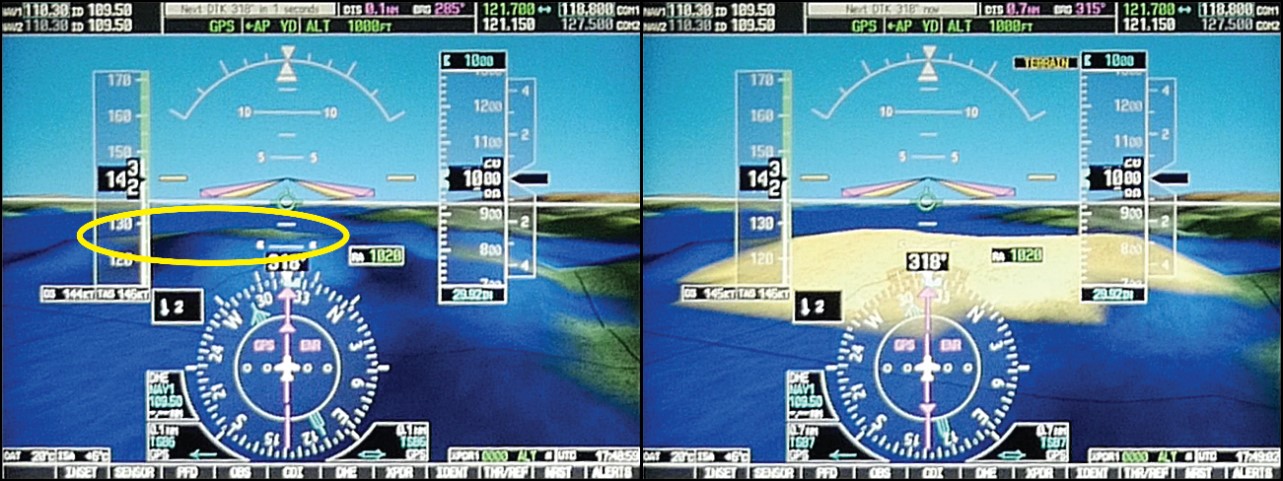 Comparaison  de la géométrie des textures  à la surface  représentant l’île Addenbroke, comme affiché sur l’écran de vol principal de  l’aéronef avant l’activation de l’avertissement de relief (image de gauche) et  immédiatement après l’activation de l’avertissement de relief (image de droite)  lorsque  l’altitude  est  de 1000 pieds au-dessus du sol  (Source : BST)