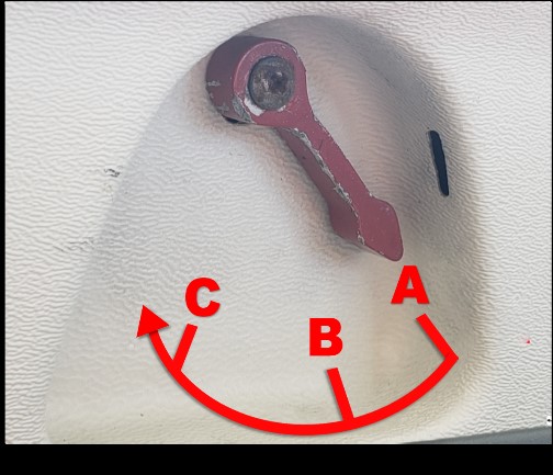 Mouvement de la poignée du hublot issue de secours du point A au point C avec le point de résistance B (Source : BST)
