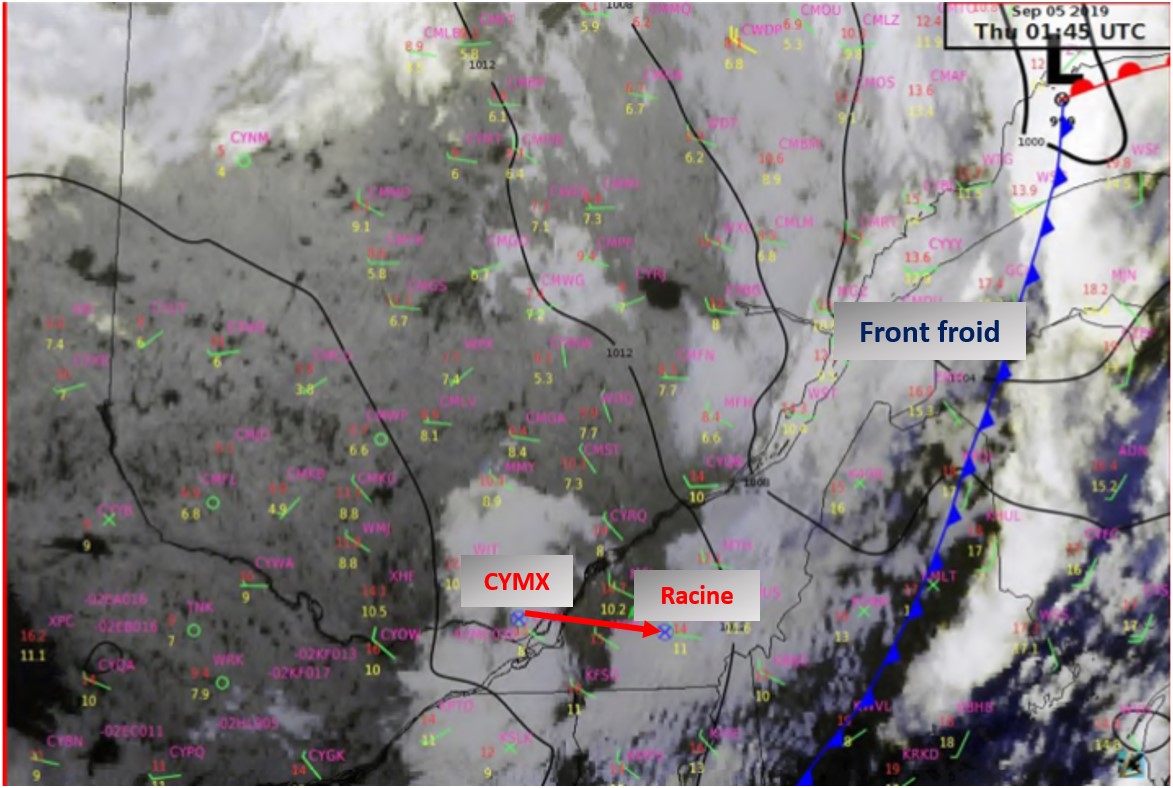 Imagerie satellite multispectrale valide le 4 septembre 2019 à 21 h 45 représentant un front froid (Source : Environnement et Changement climatique Canada, avec annotations du BST)