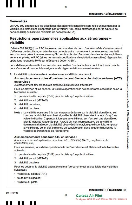 <em>Canada Air Pilot</em>, pages générales du CAP (CAP 6 : Québec),  Restrictions opérationnelles applicables aux aérodromes – visibilité