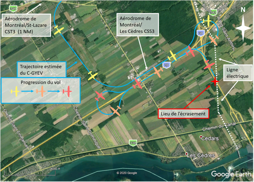 Trajectoire estimée de l’aéronef en cause dans l’événement à l’étude (Source : Google Earth, avec annotations du BST)