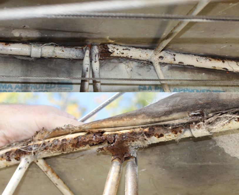 Photos sous 2 angles différents de la structure tubulaire en acier sous la batterie sectionnée sous l’effet de la corrosion (Source : BST)