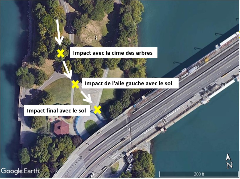 Image montrant la séquence d'impact de l’aéronef de l’événement (Source : Google Earth, avec annotations du BST)