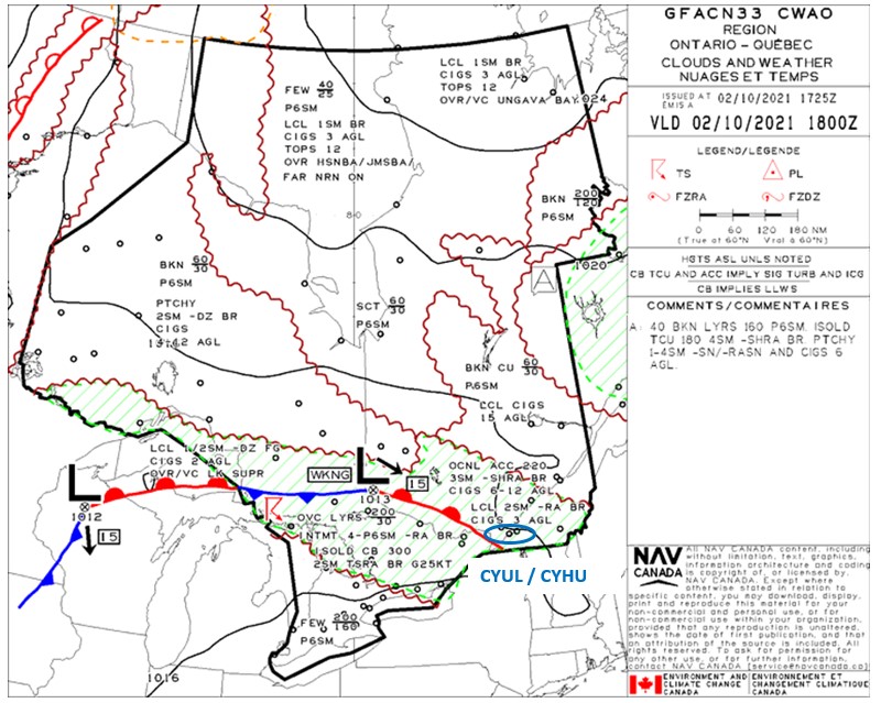 Carte Nuages et temps de la prévision de zone graphique GFACN33 émise à 13 h 25 (heure avancée de l’Est) le 2 octobre 2021