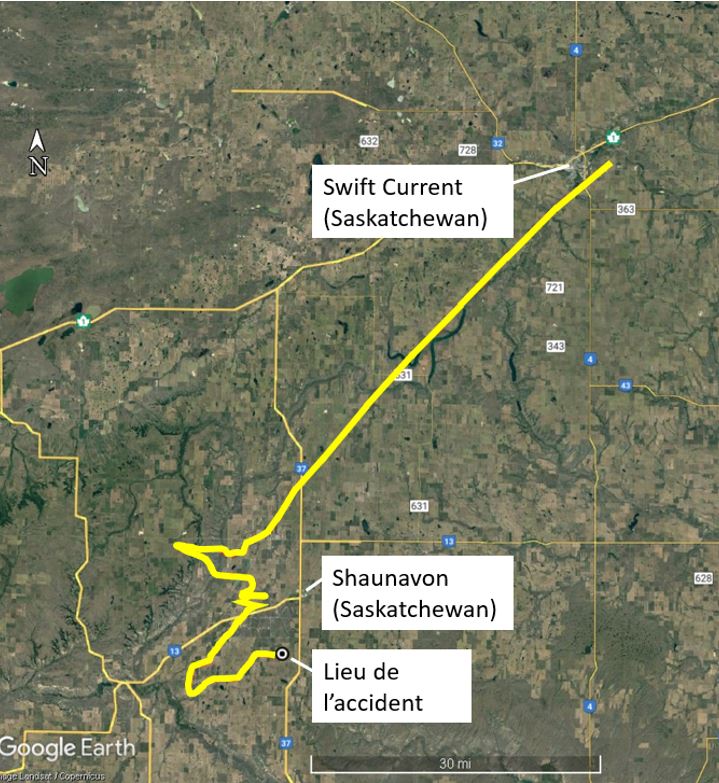Route du vol à l’étude (Source : Google Earth, avec annotations du BST fondées sur les données du système de suivi des vols)