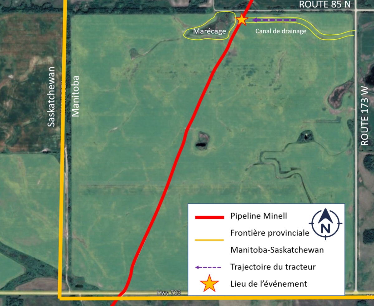 Carte montrant le champ agricole du propriétaire foncier, y compris l’emplacement du pipeline Minell, le canal de drainage et la zone marécageuse (Source : Google Earth, avec annotations du BST)