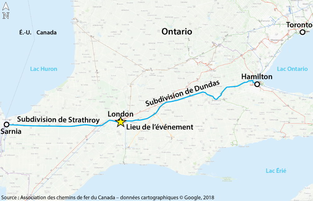   Lieu de l'événement à l'étude (Source : Association des  chemins de fer du Canada, <em>Atlas du rail  canadien</em>, avec annotations du BST)