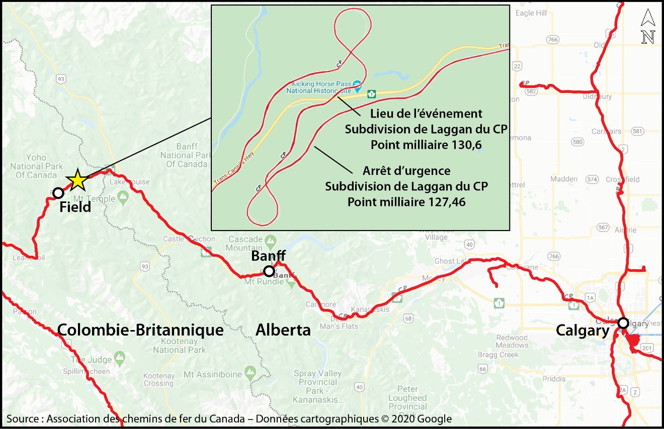 Carte montrant le lieu de l’événement, et carte en médaillon montrant les lieux de l’événement et de l’arrêt d’urgence (Source : Association des chemins de fer du Canada, Atlas du rail canadien, avec annotations du BST)