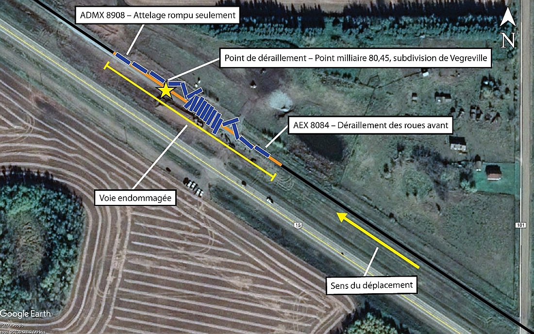 Image satellite de l’emplacement du déraillement (Source : Google Earth, avec annotations du BST)