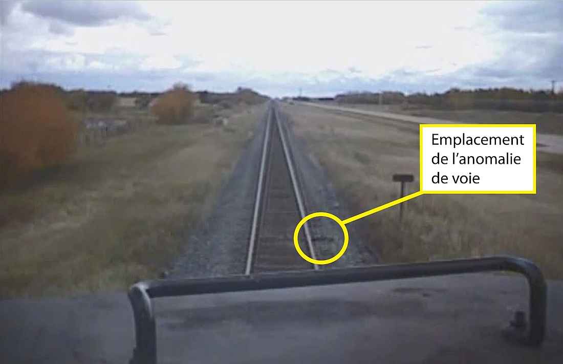 Vue de la caméra orientée vers l’avant du point de déraillement montrant l’anomalie de la voie; images consignées par un train précédent circulant vers l’est (Source : Compagnie des chemins de fer nationaux du Canada, avec annotations du BST)