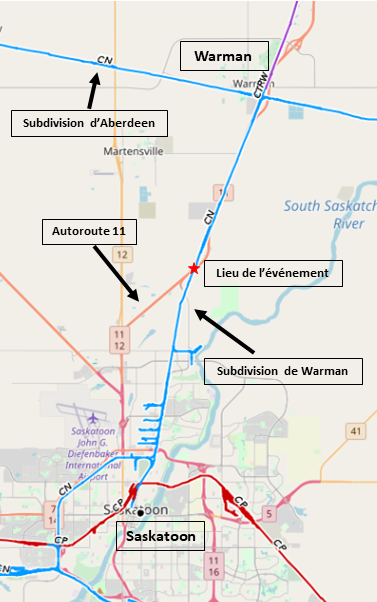 Carte de la subdivision de Warman (Source : Association des chemins de fer du Canada, Atlas du rail canadien, avec annotations du BST)