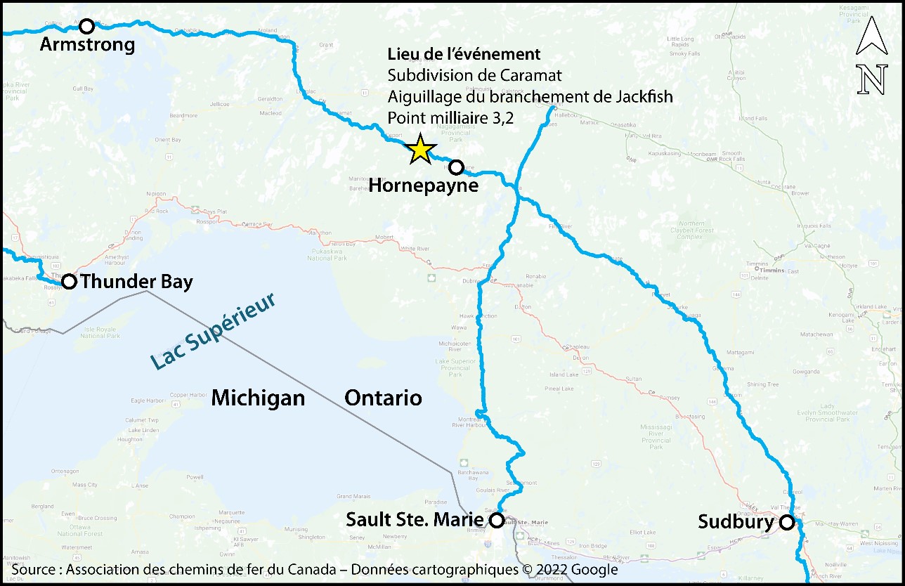 Carte montrant le lieu de l’événement (Source : Association des chemins de fer du Canada, Atlas du rail canadien)
