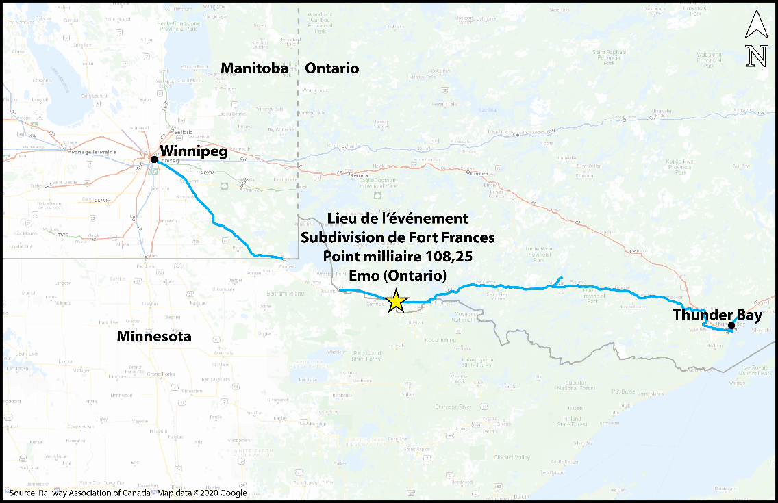  Lieu de l’événement (Source : Association des chemins de fer du Canada, Atlas des chemins de fer canadiens, avec annotations du BST)
