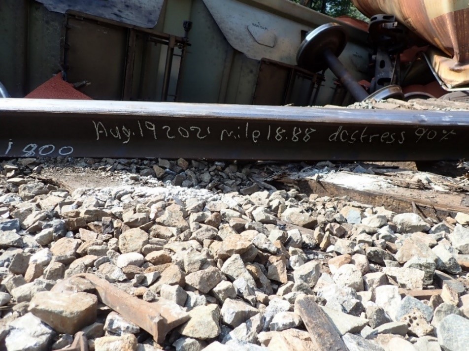 Marque de craie sur le rail sud indiquant que des travaux avaient été effectués récemment sur la voie (Source : BST)