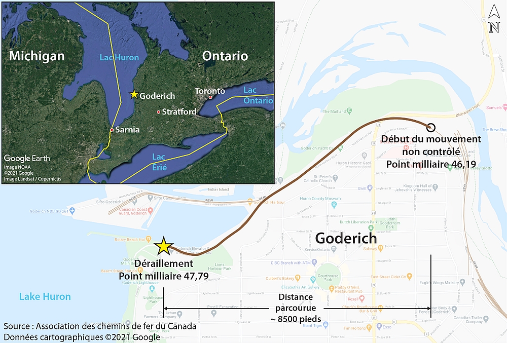 Carte représentant le parcours suivi par le mouvement non contrôlé et carte en médaillon montrant le lieu de l’événement (Source de l’image principale : Association des chemins de fer du Canada, avec annotations du BST. Source de l’image en médaillon : Google Earth, avec annotations du BST)
