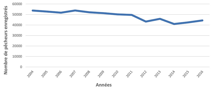 Nombre de pêcheurs enregistrés, Canada, 2004–2016